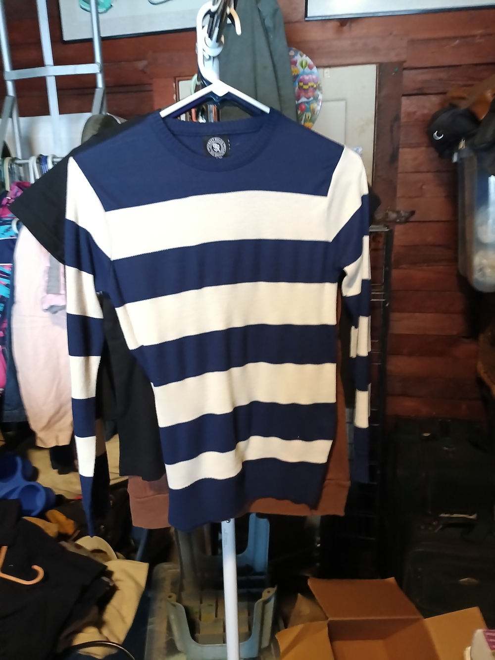 Men's Navy and White Striped Crewneck Sweater